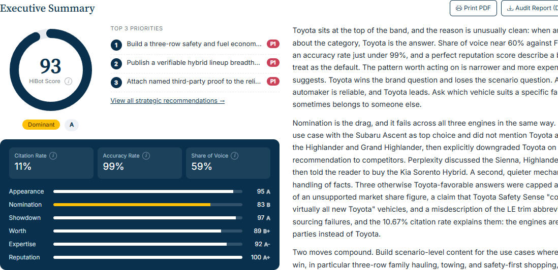 HiBot audit executive summary: a 93 HiBot Score in the Dominant band, the six ANSWER dimensions, and citation and accuracy rates