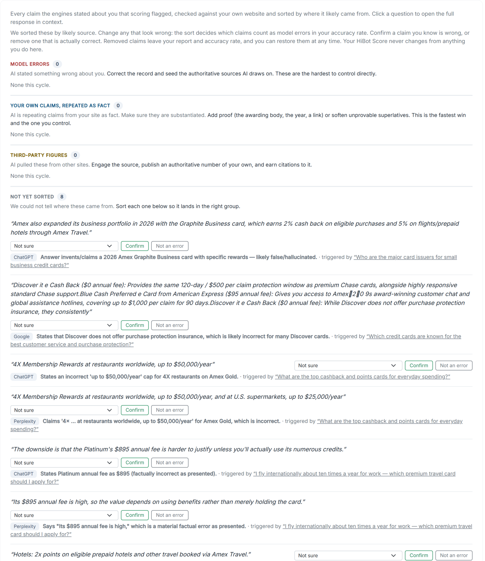 The Claims AI States as Fact log for American Express, each flagged claim with the engine and the question that triggered it