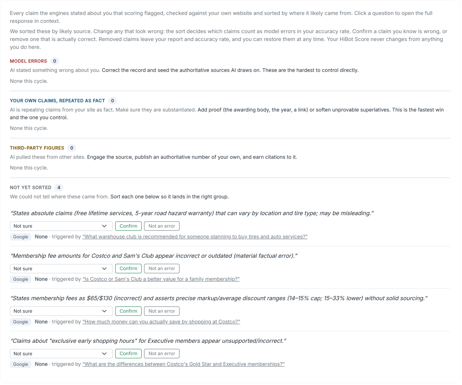 The Claims AI States as Fact log for Costco, each flagged claim with the engine and the question that triggered it