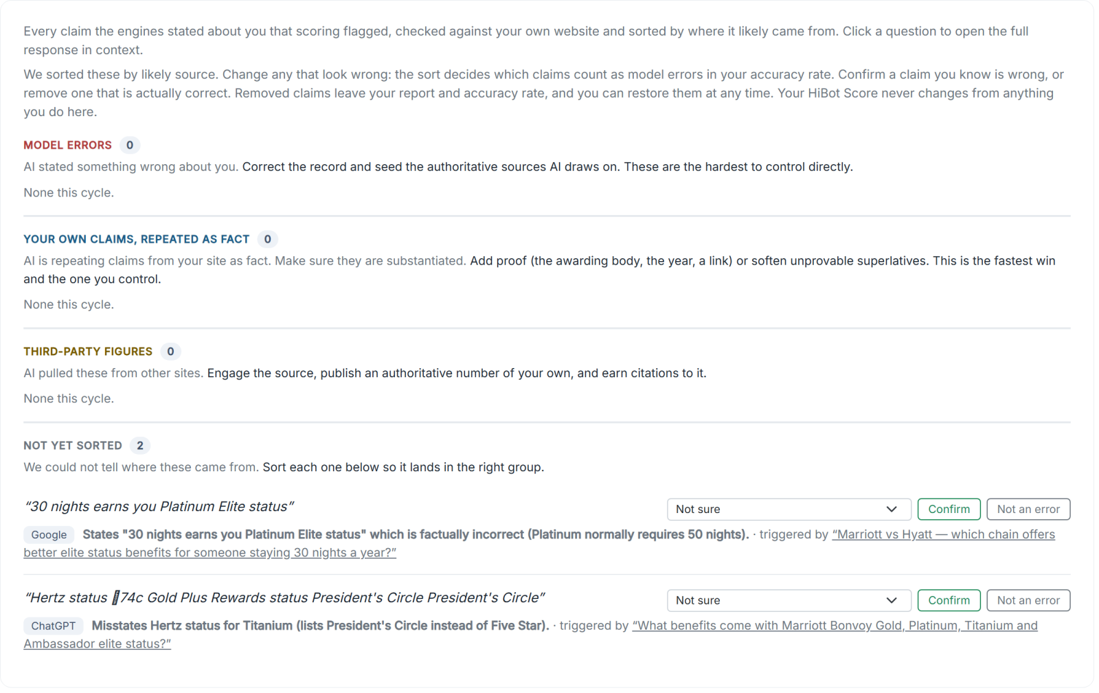 The Claims AI States as Fact log for Marriott, each flagged claim with the engine and the question that triggered it