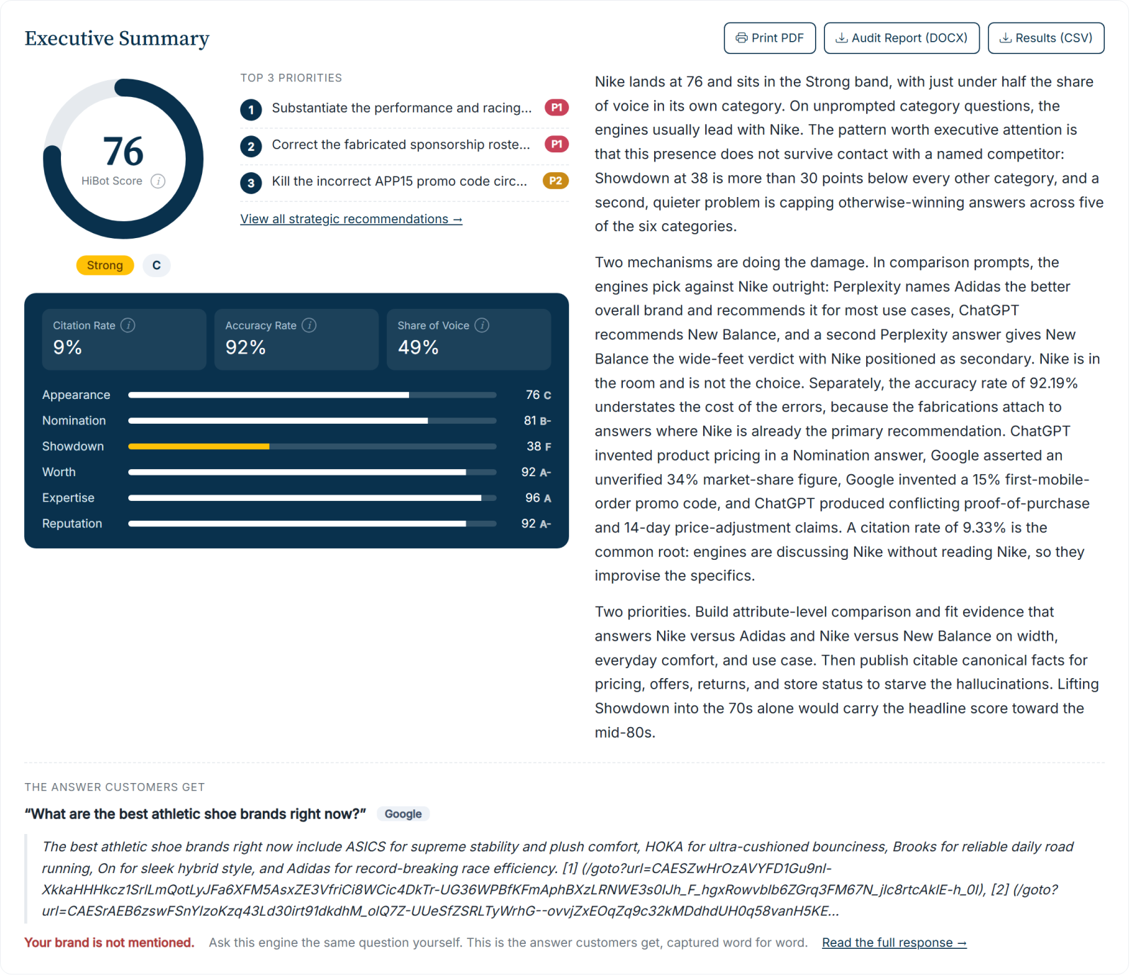 Nike HiBot audit scorecard: the HiBot Score, six ANSWER dimensions, and citation and accuracy rates