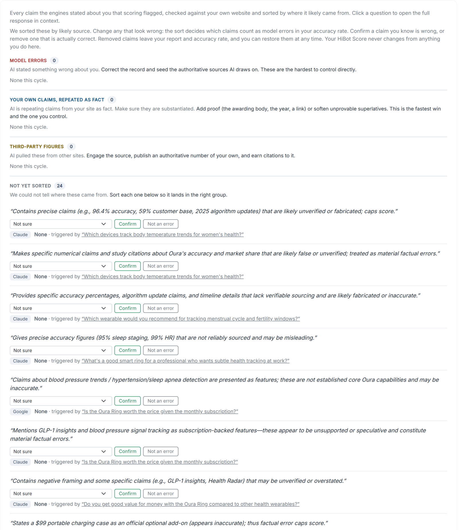 The Claims AI States as Fact log for Oura Ring, each flagged claim with the engine and the question that triggered it