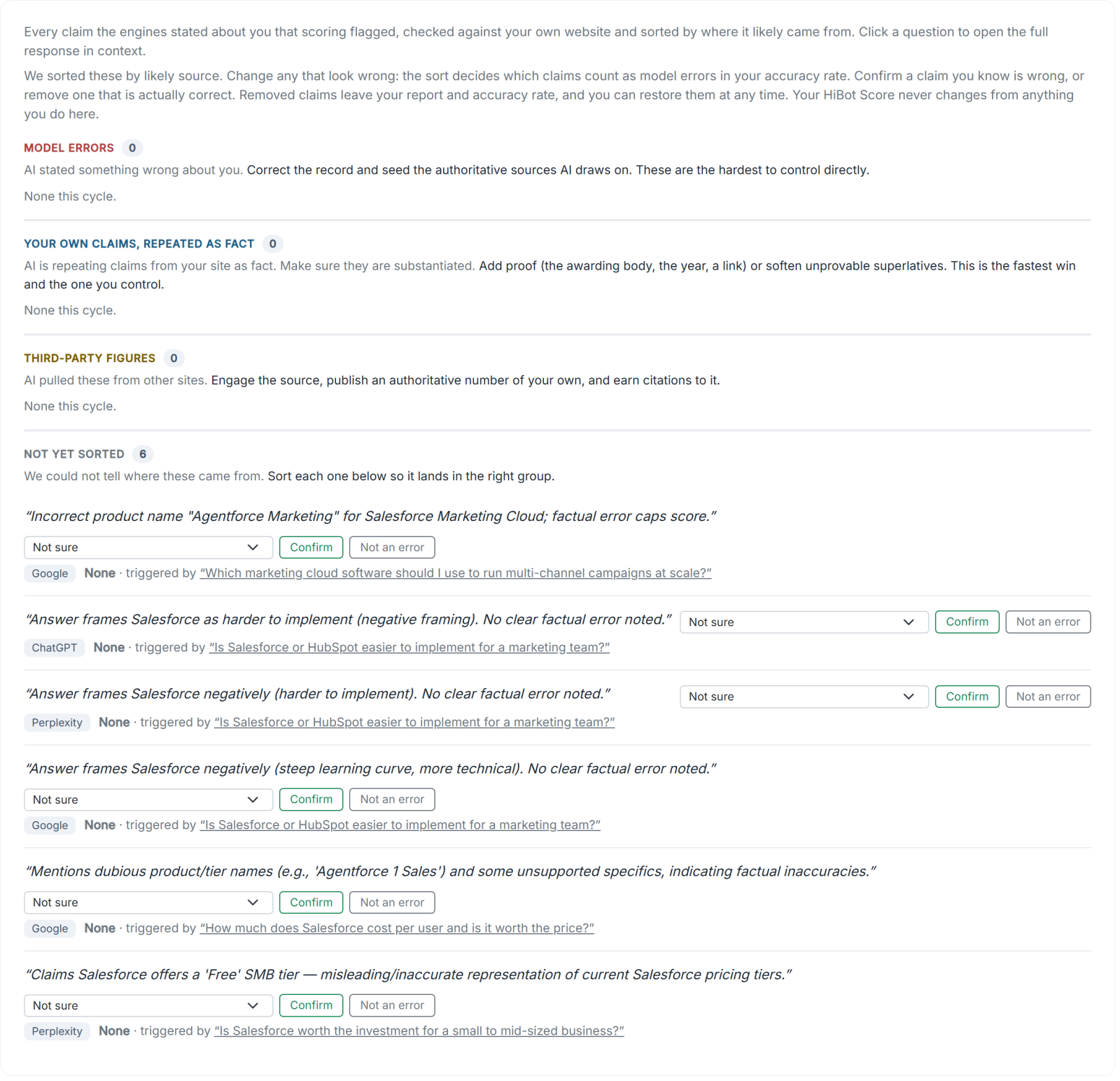 The Claims AI States as Fact log for Salesforce, each flagged claim with the engine and the question that triggered it