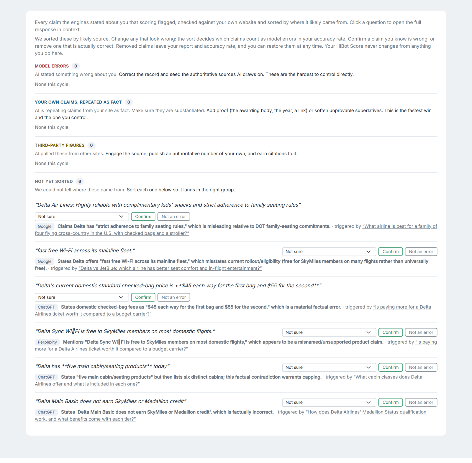 Delta's Claims AI States as Fact log: six flagged claims including wrong checked-bag fees, a free-Wi-Fi overstatement, and a mislabeled cabin count, each tagged with the engine and the question that triggered it