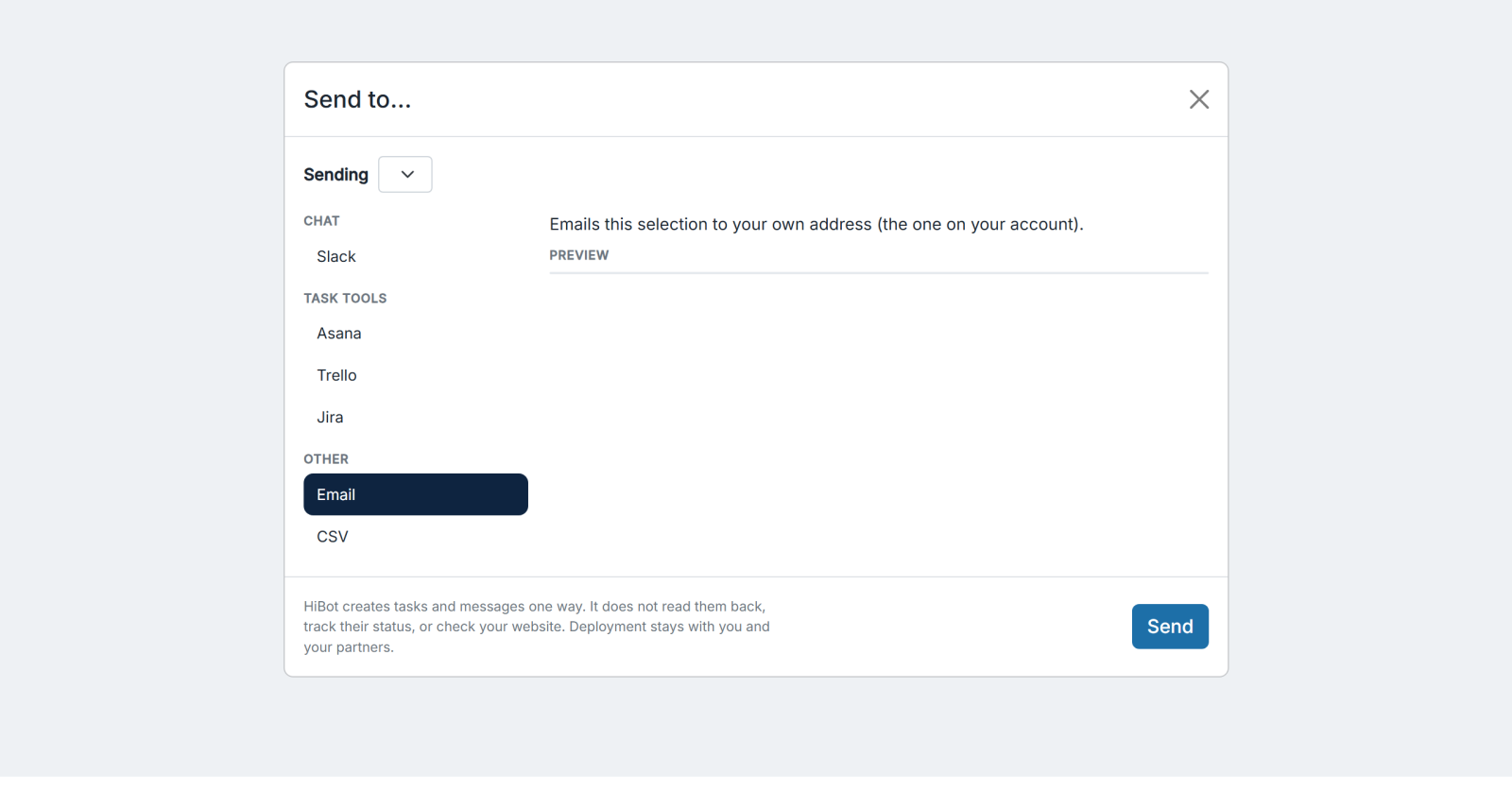 The Send to modal: Slack under Chat, Asana, Trello, and Jira under Task Tools, and Email and CSV under Other