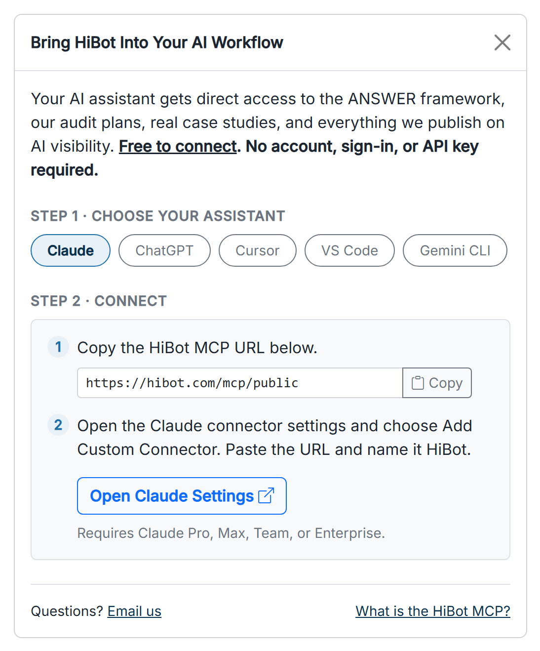 The Connect panel in a HiBot report: choose your assistant (Claude, ChatGPT, Cursor, VS Code, Gemini) and copy the HiBot MCP URL